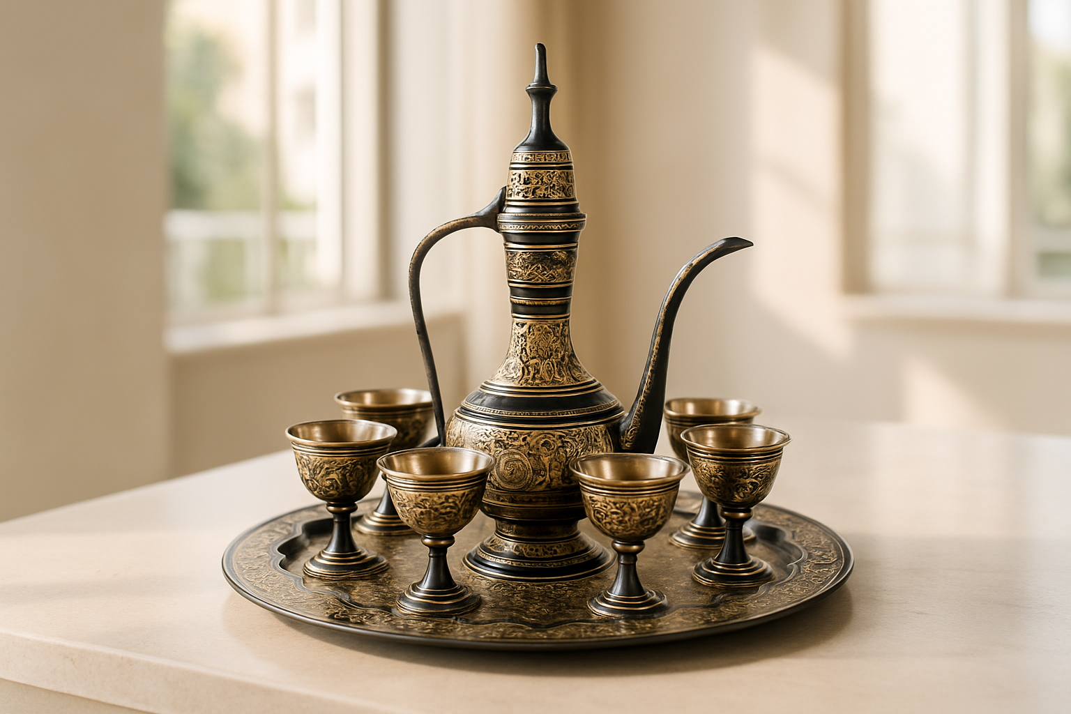 Heritage Brass Surahi Wine Set with Tray & Goblets