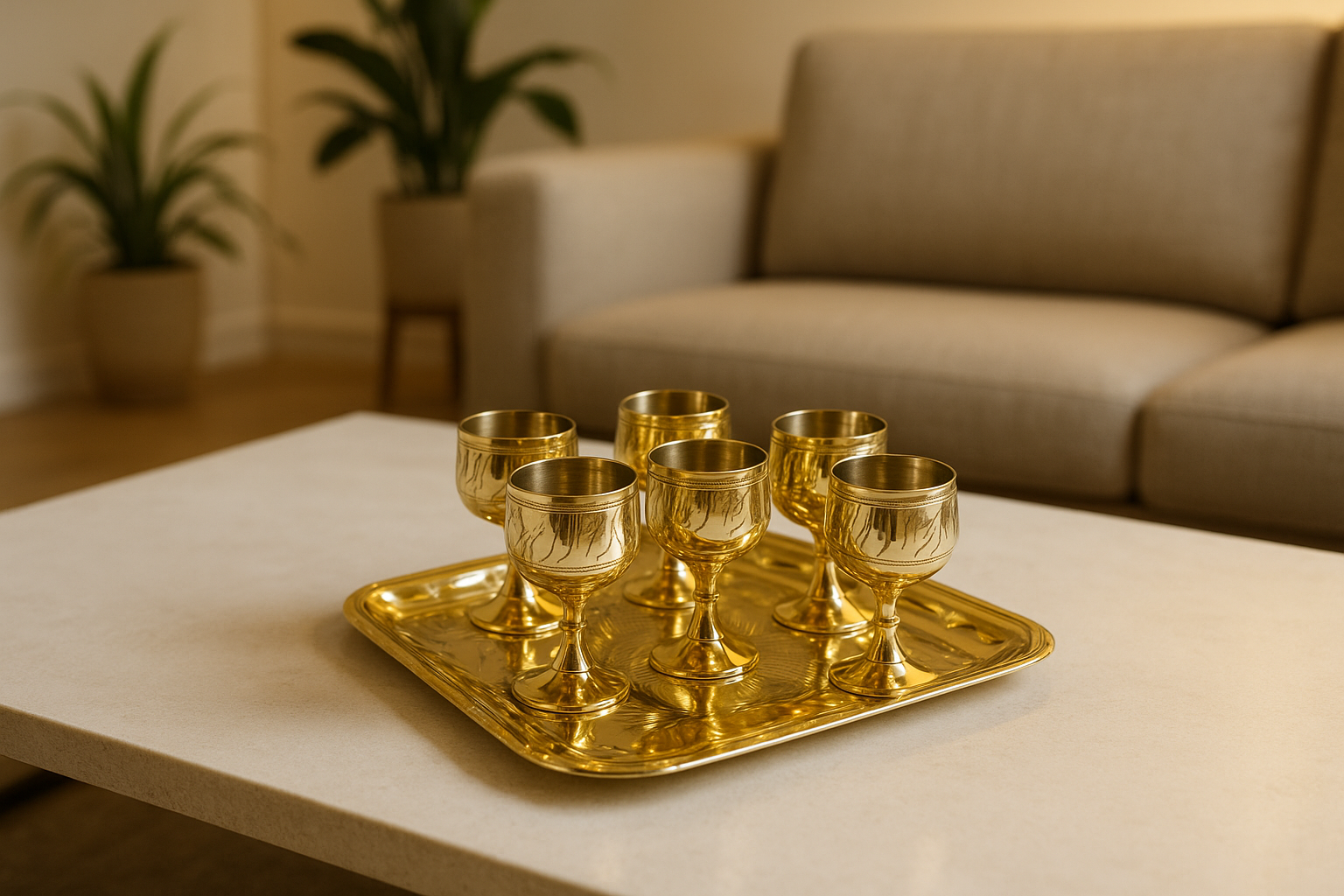 Royal Brass Shot Glass Set with Serving Tray – Set of 6 Premium Metal Goblets