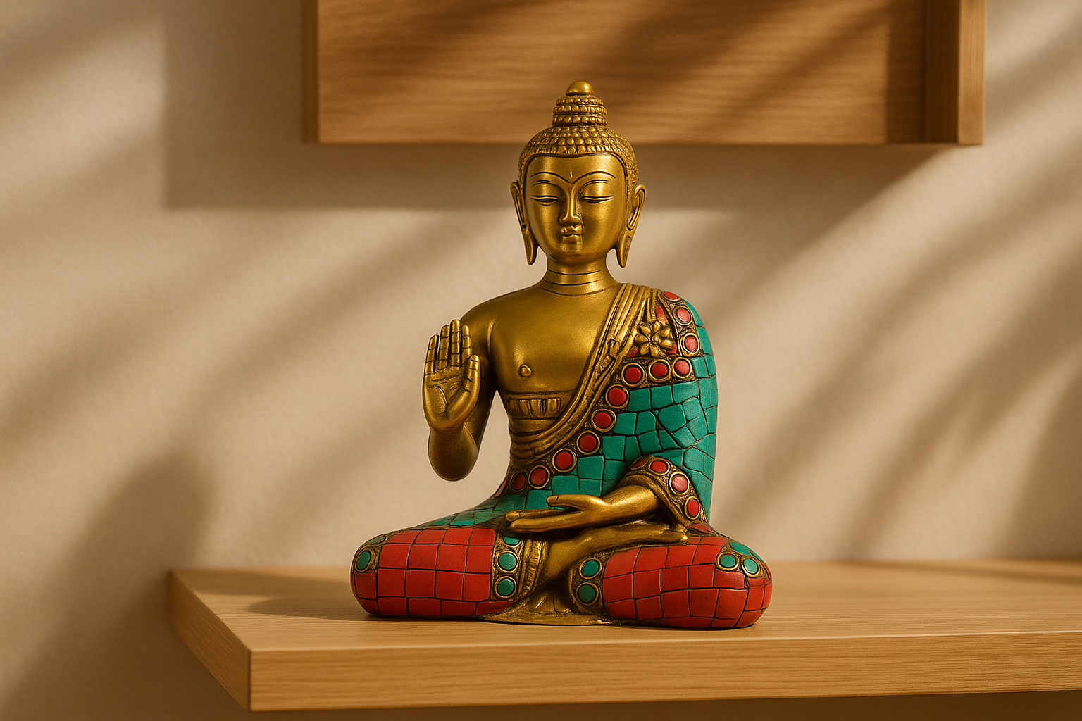 Brass Buddha Idol with Stone Inlay Work – Meditation & Spiritual Home Décor Statue