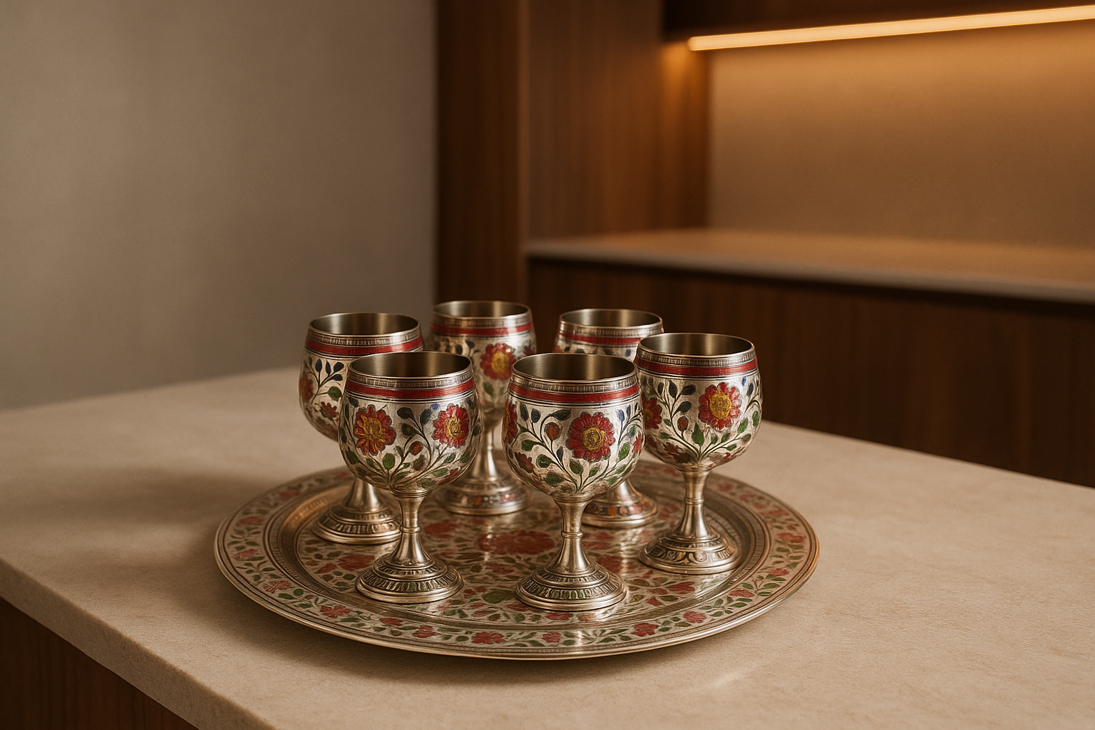 Handcrafted Floral Brass Wine Glass Set with Decorative Tray – Set of 6
