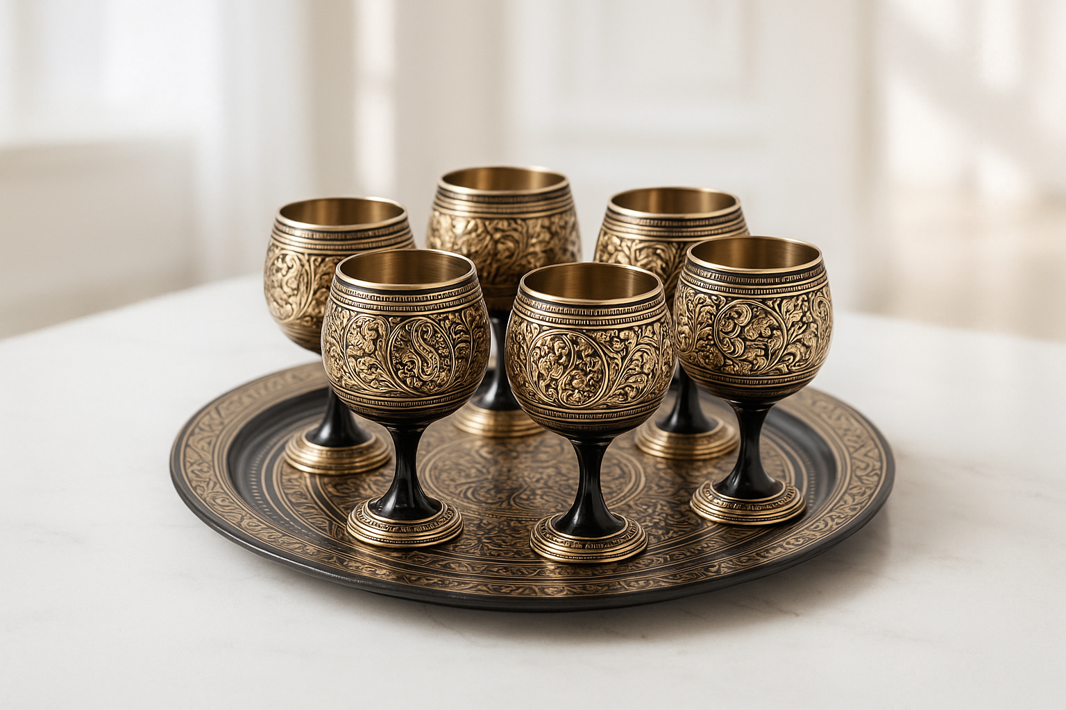 Vintage Brass Goblet Set with Engraved Tray – Set of 6 Handcrafted Wine Glasses