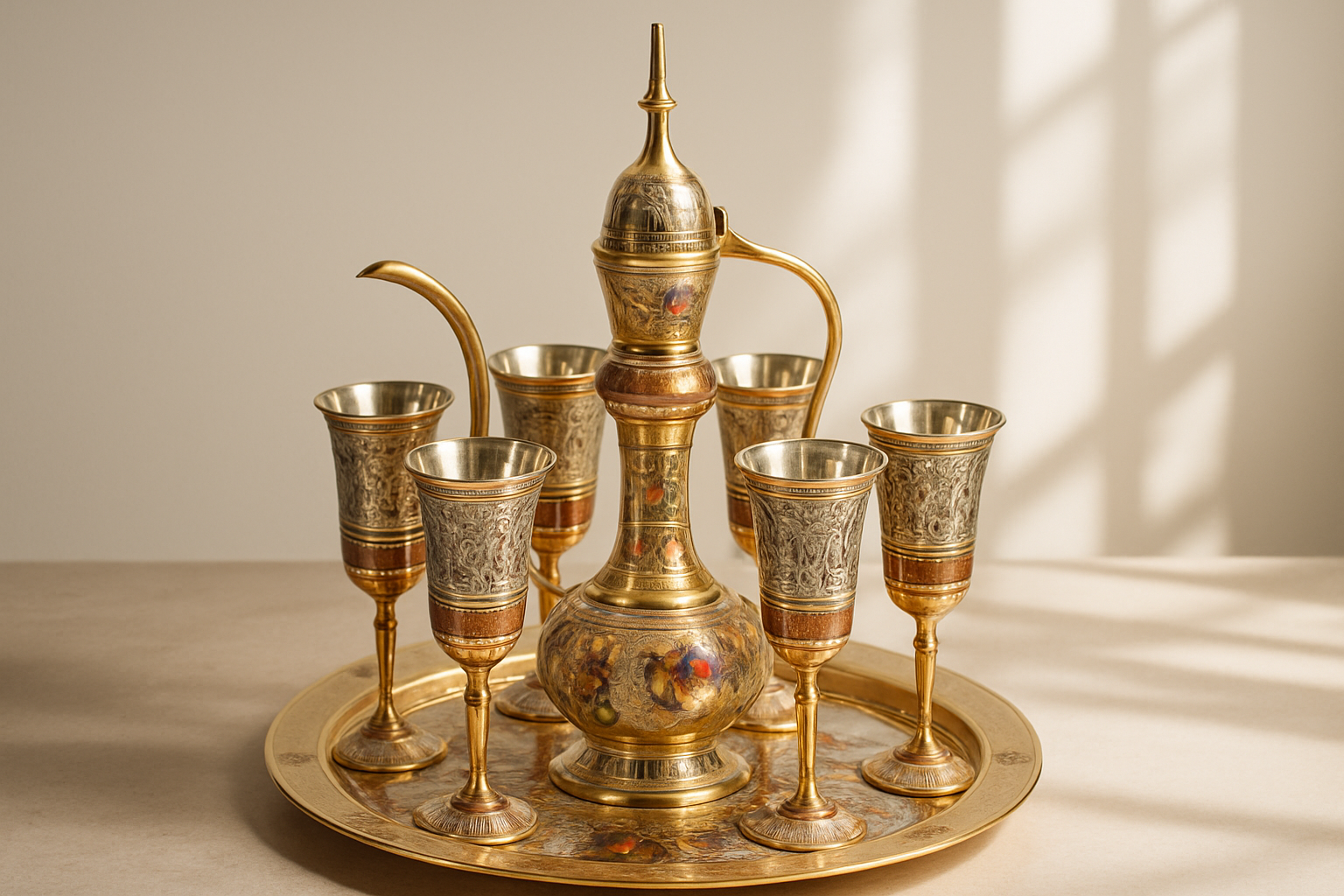 Royal Brass Surahi & Wine Goblet Set with Tray