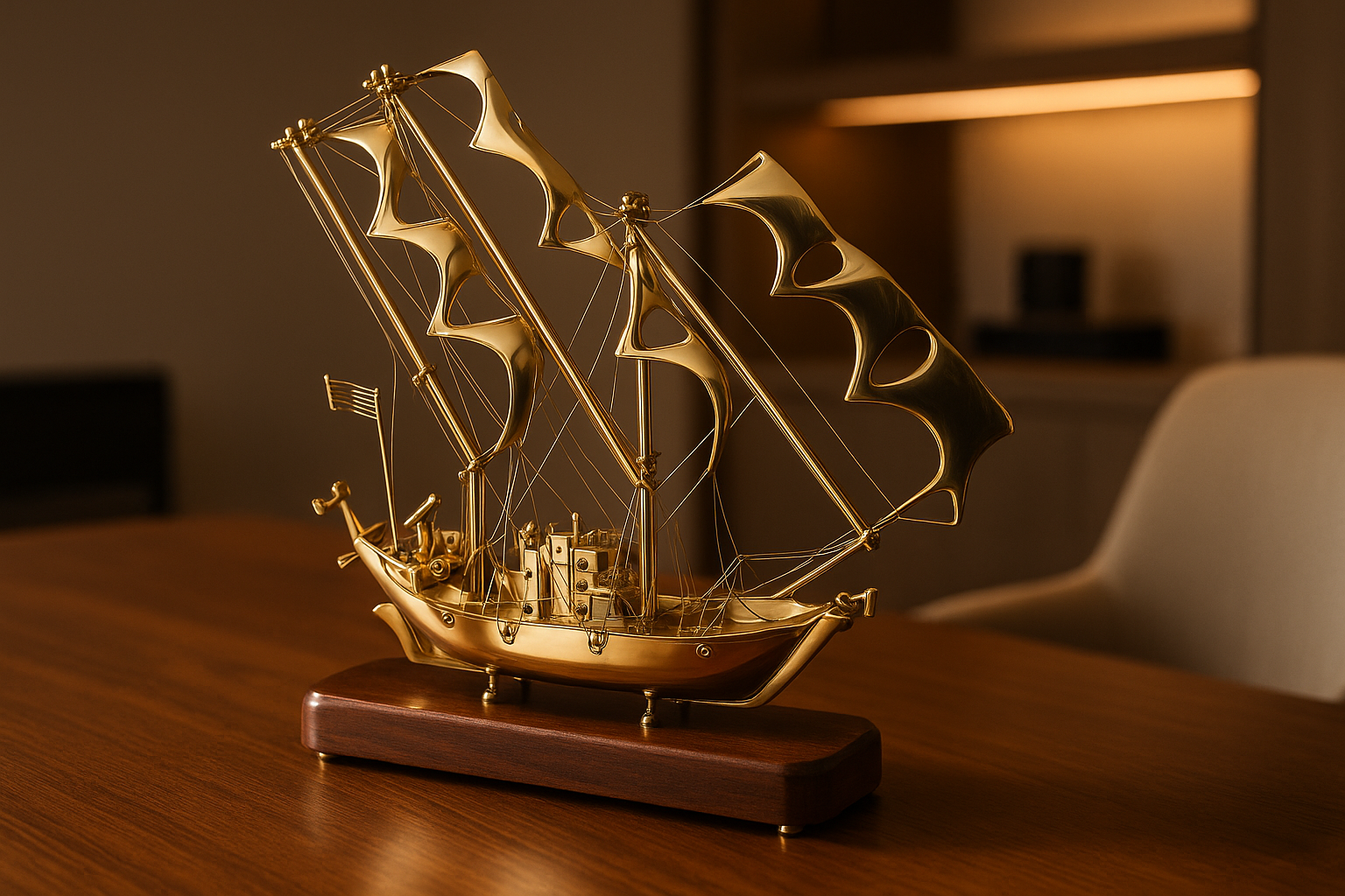 Brass Sailing Ship on Wooden Base