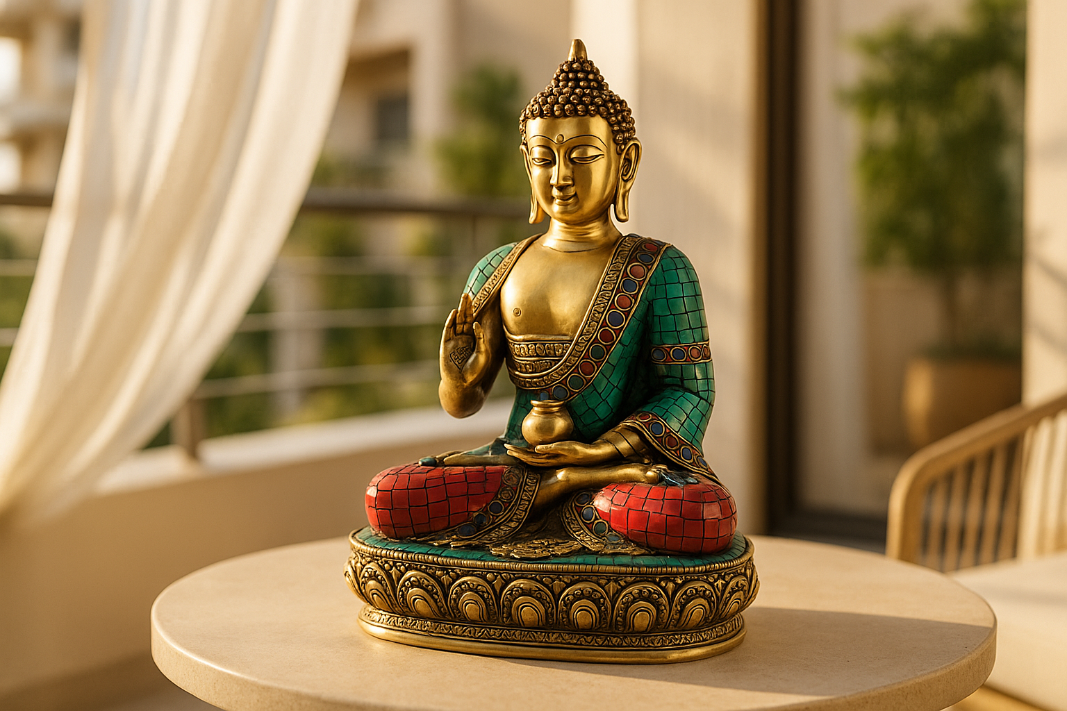 Buddha Idol with Turquoise & Coral Stone Work – Premium Spiritual Home Décor