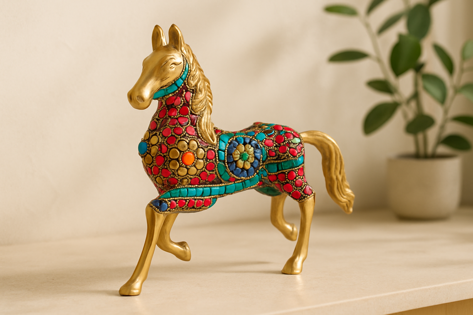 Running Horse Showpiece with Colorful Stone Work