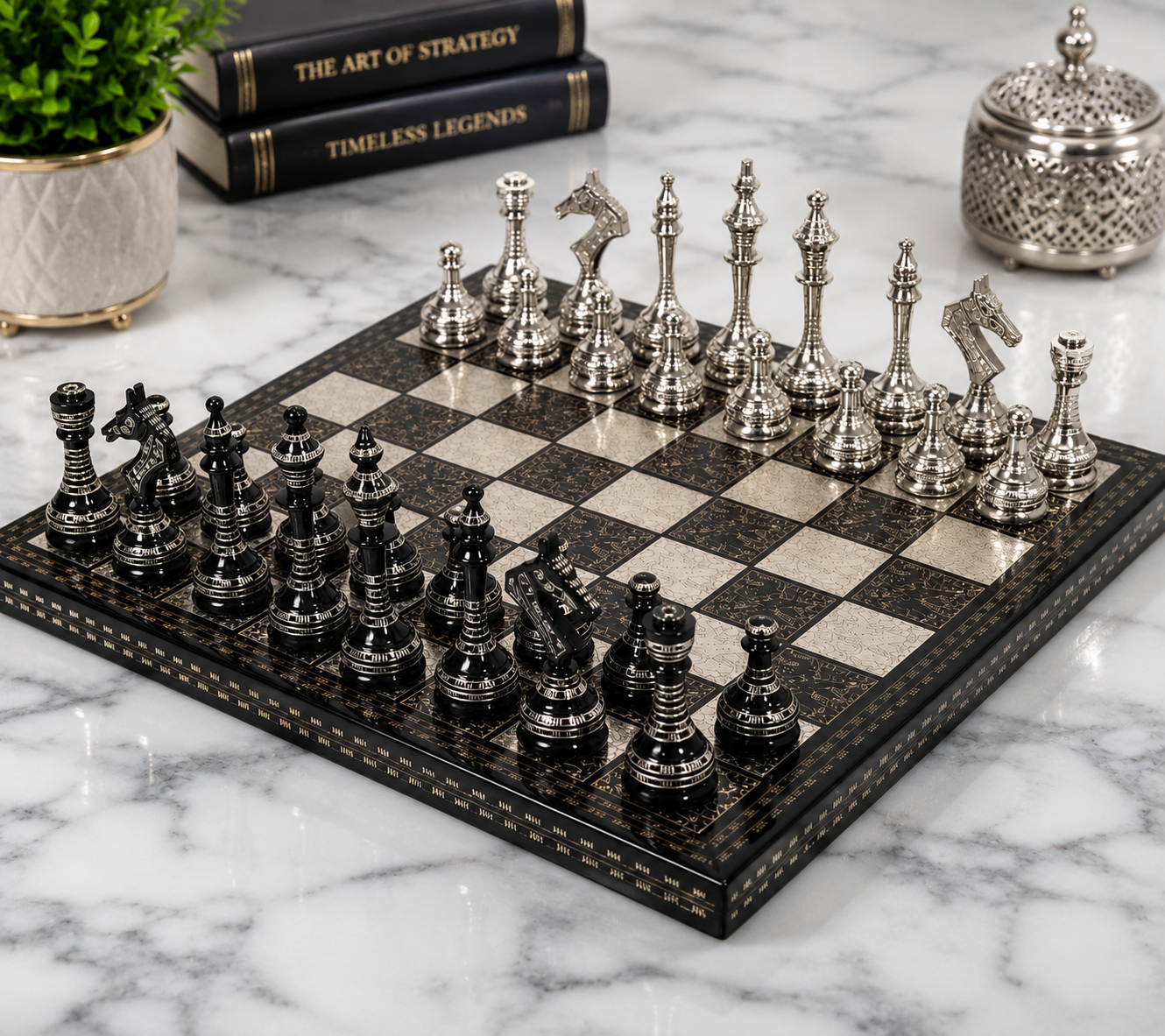 Brass Chess Set with Decorative Wooden Chess Board