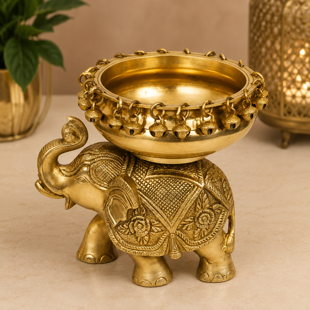 Brass Elephant Urli Bowl with Hanging Bells