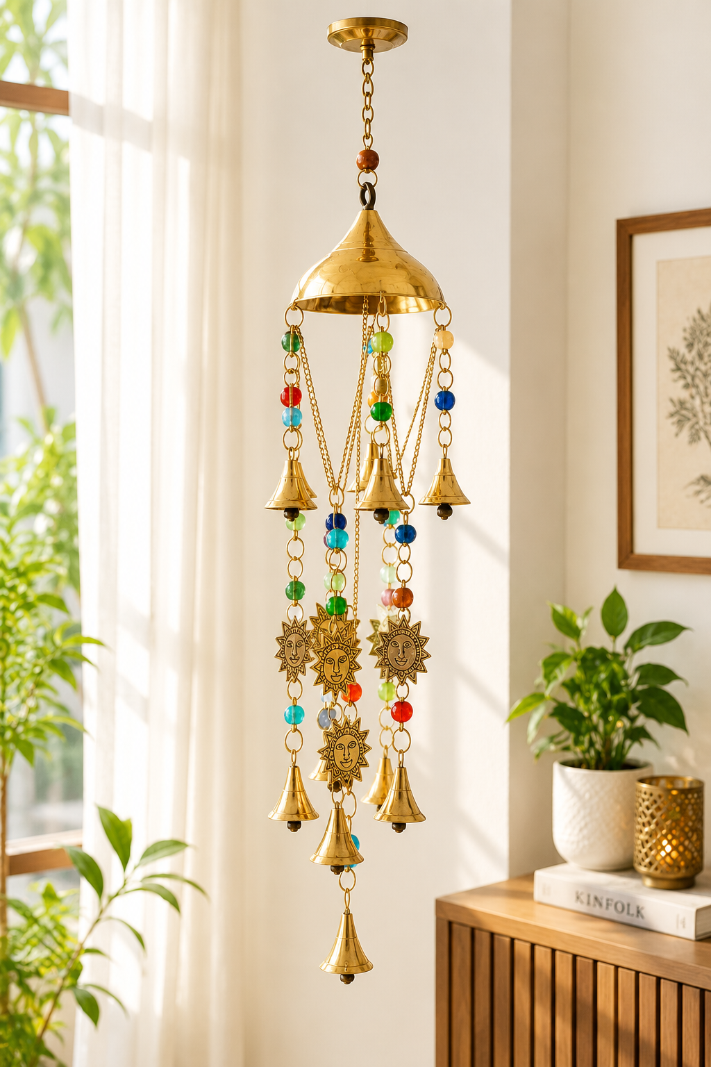Brass Sun Wind Chime with Colorful Beads