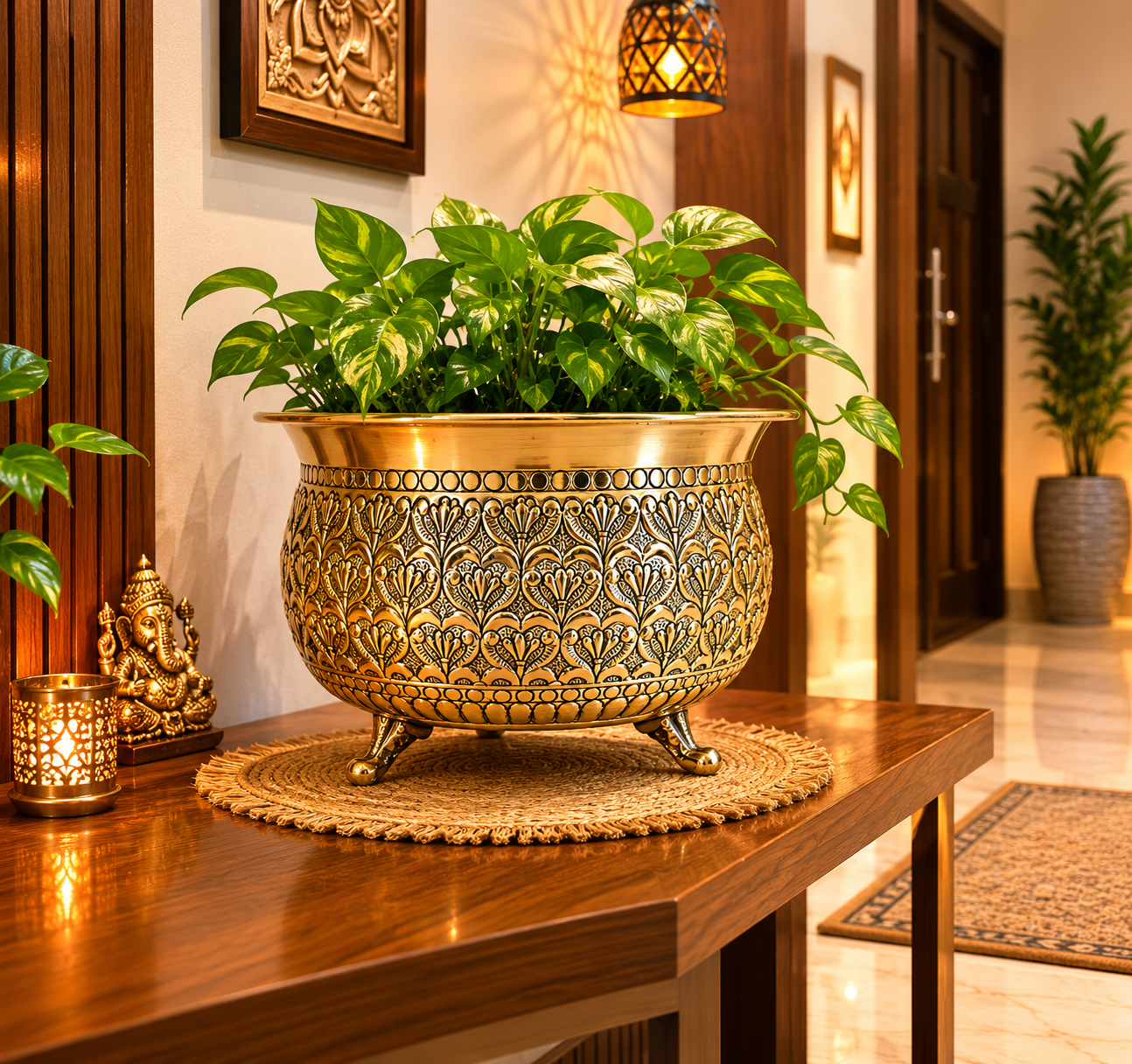 Brass Planter Bowl with Floral Engraving
