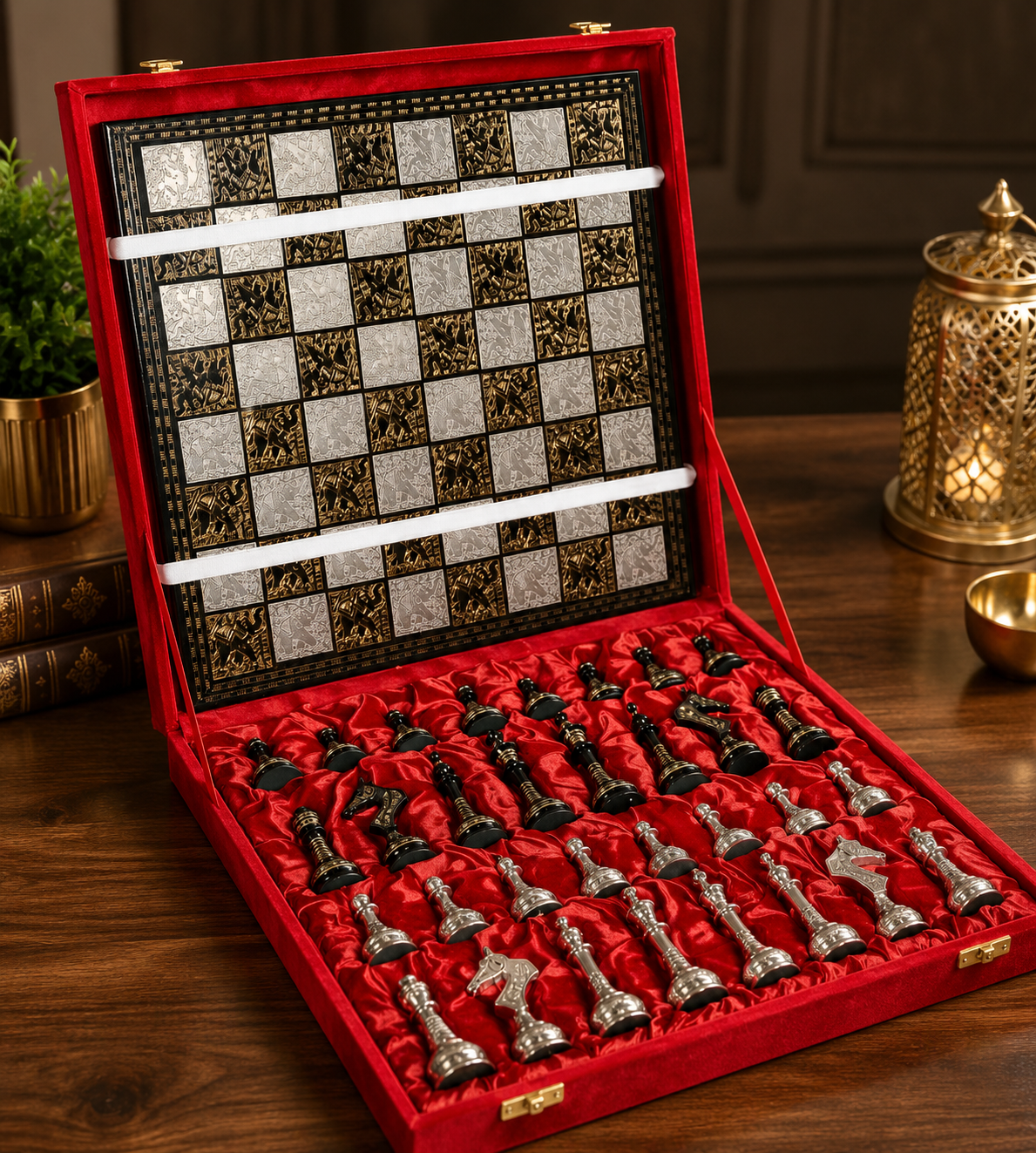 Brass Chess Set with Decorative Wooden Chess Board