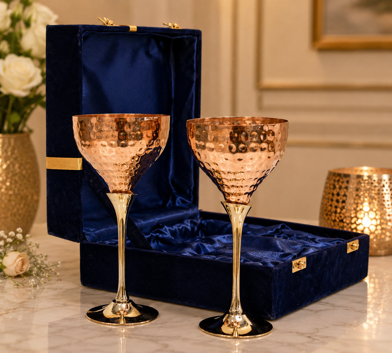 Luxury Hammered Copper Goblet Gift Set with Velvet Presentation Box