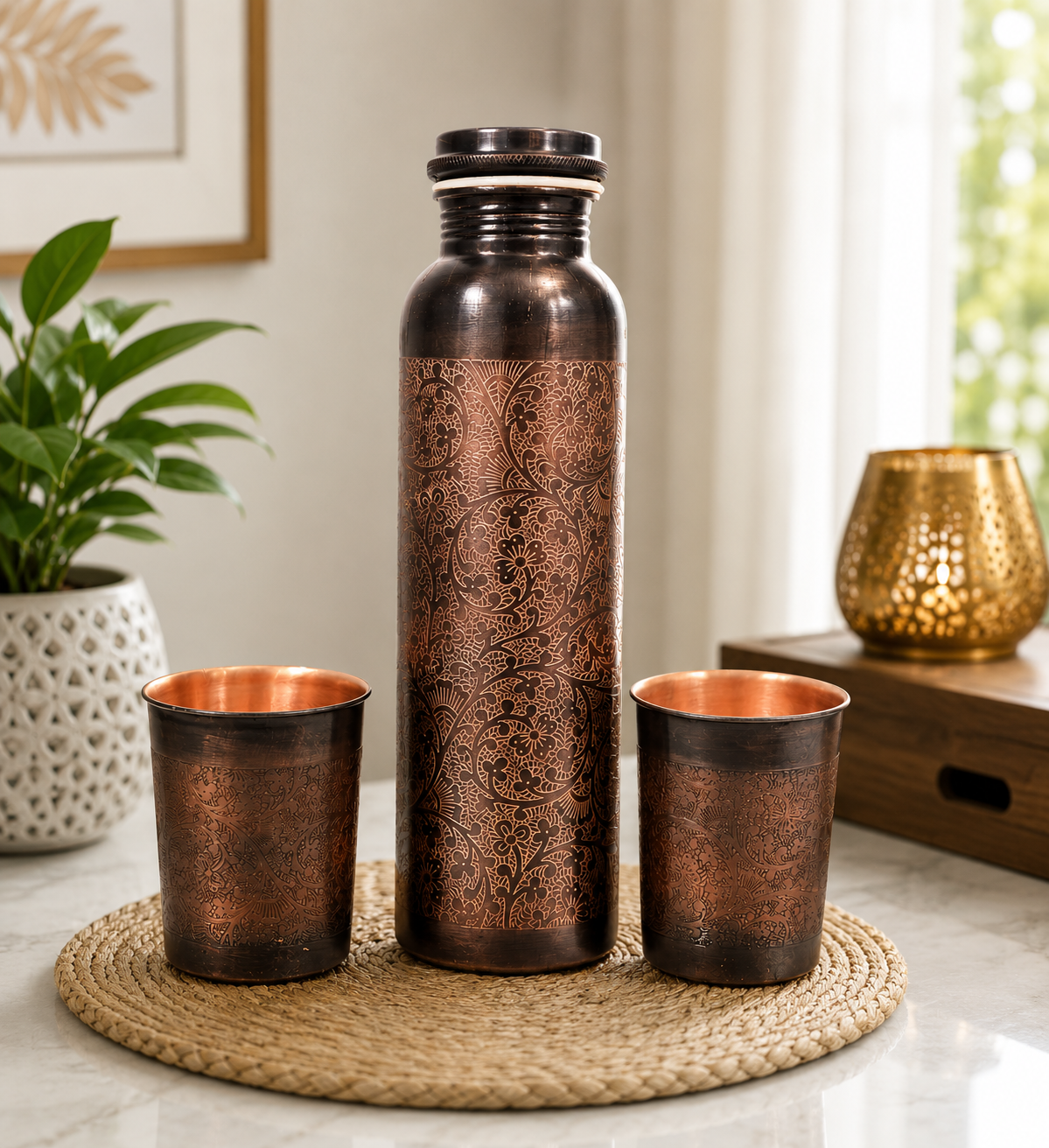 Copper Water Bottle & Tumbler Set – Traditional Engraved Drinkware Collection