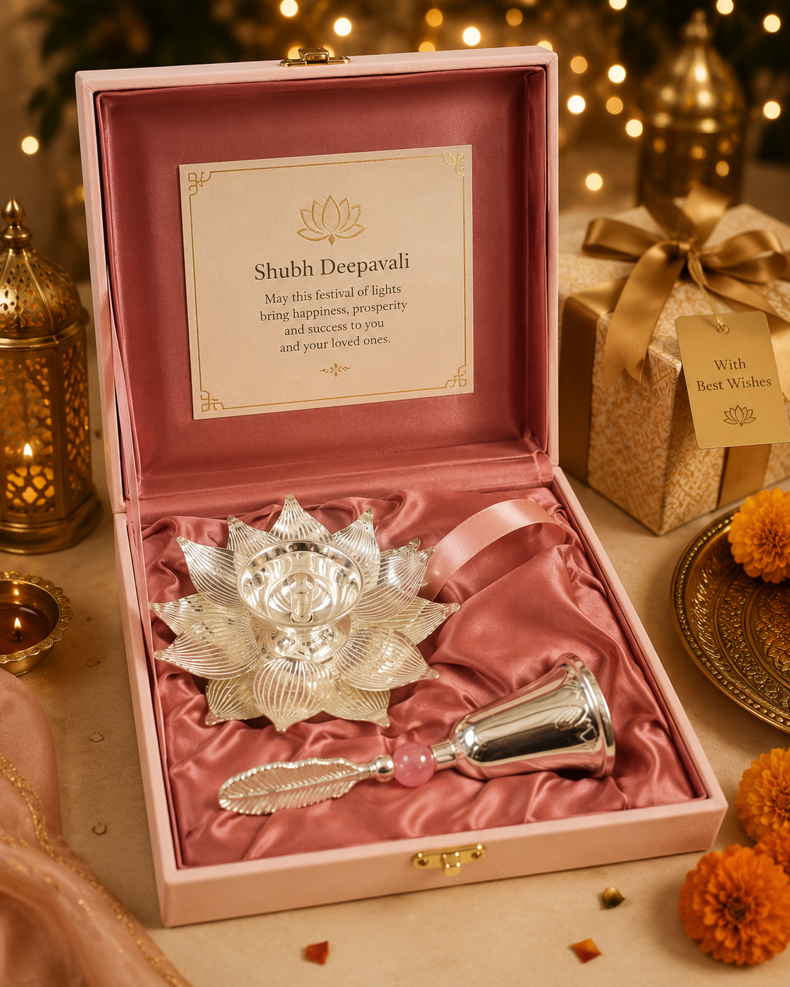 Lotus Diya & Hand Bell Gift Set