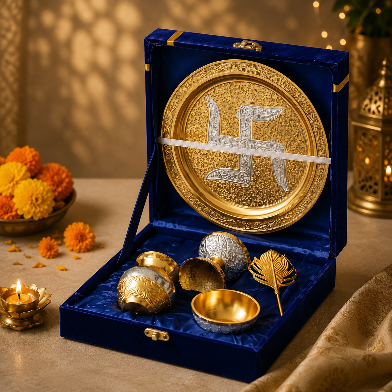 Pooja Gift Set with Decorative Plate – Luxury Diwali Gift Hamper