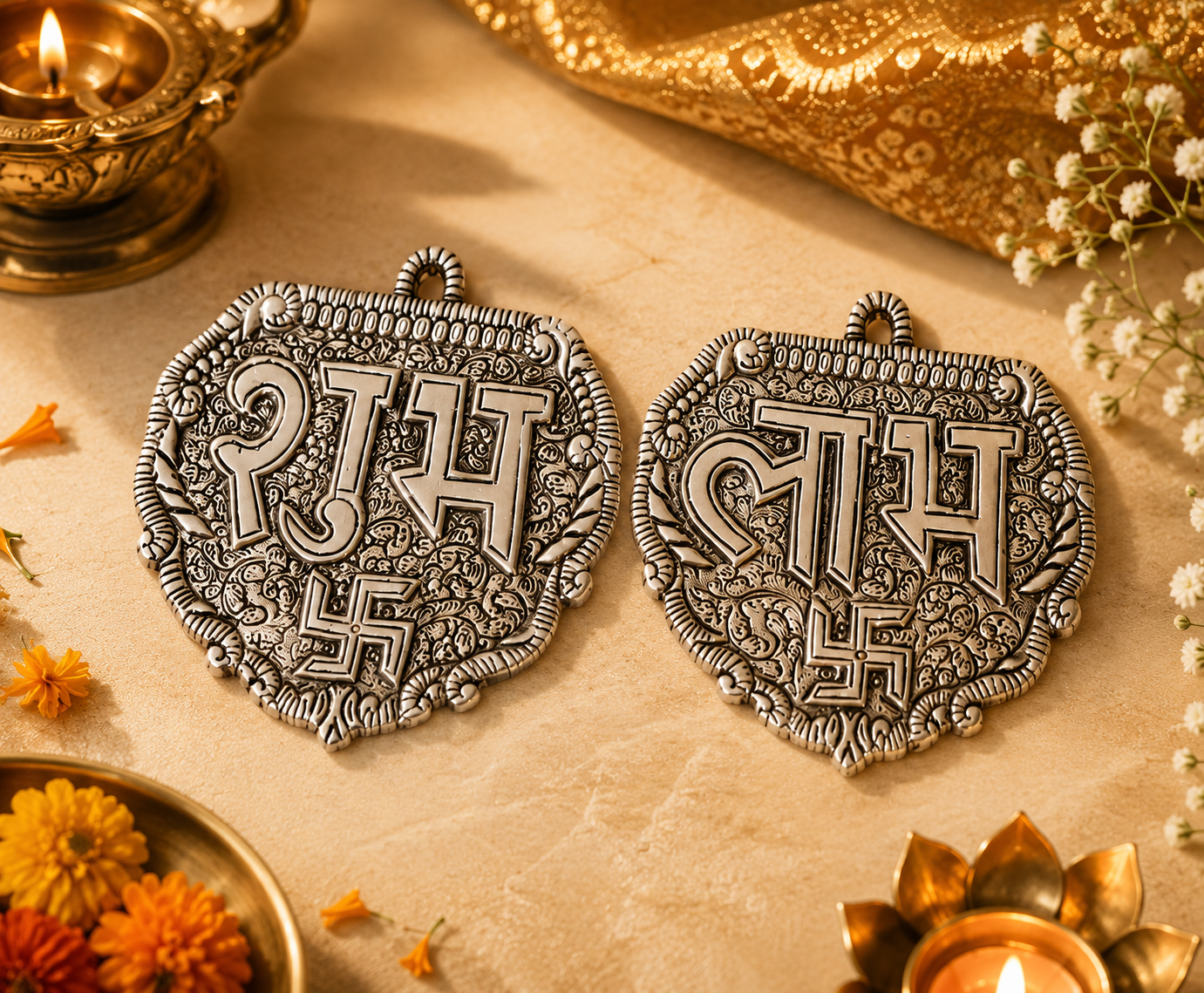 Handcrafted silver finish Shubh Labh decorative wall hanging set with Swastik symbol for Diwali, home entrance, pooja room, and festive décor.