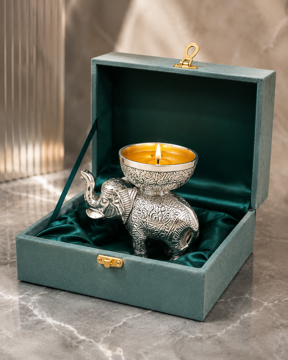 Silver Finish Elephant Tealight Candle Holder Gift Set