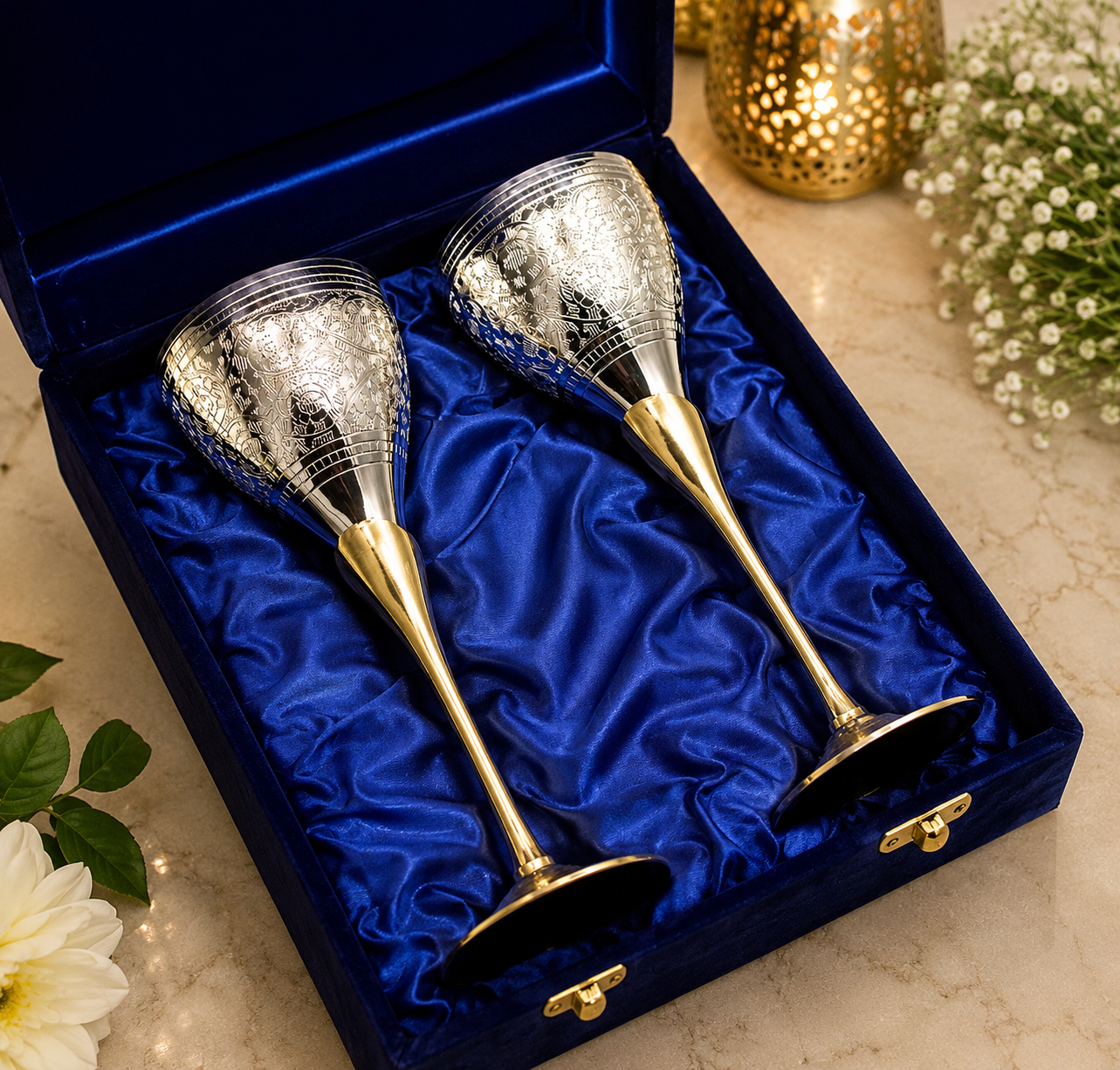 Premium Silver Finish Handcrafted Goblet Gift Set with Velvet Presentation Box