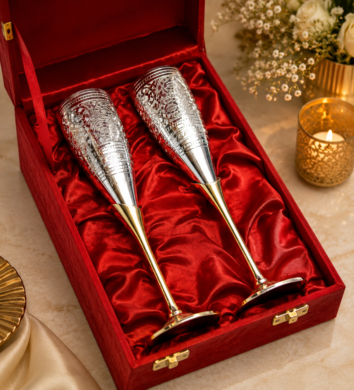 Luxury Silver Finish Champagne Flute Gift Set with Velvet Presentation Box