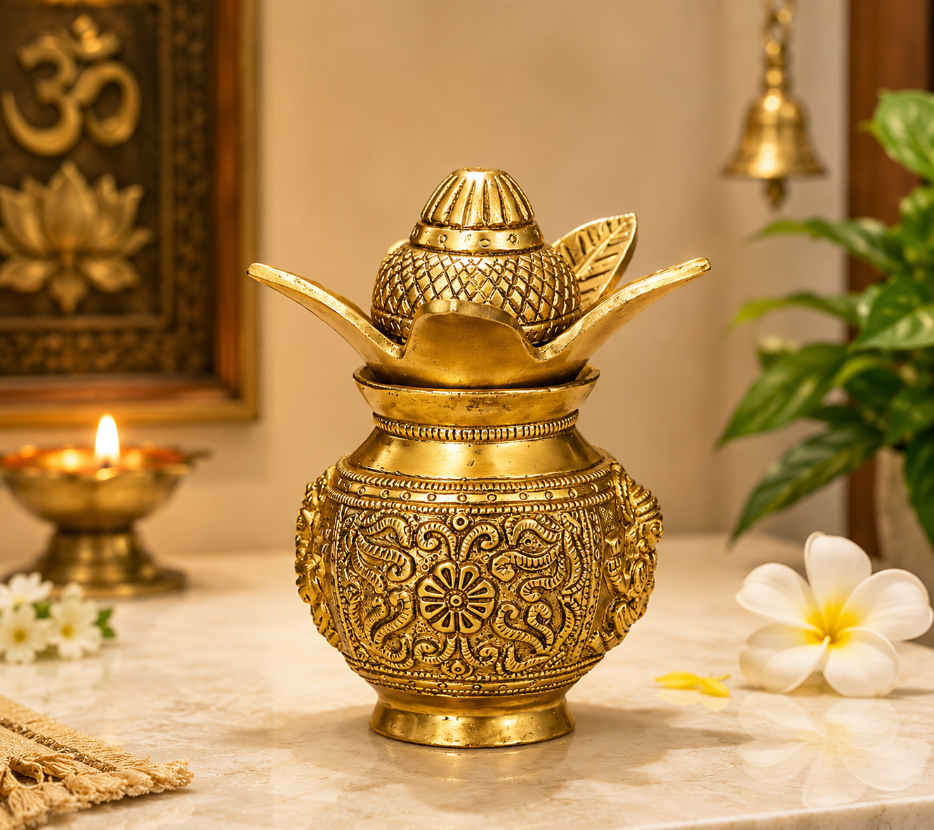 Brass Kalash with Lotus Design