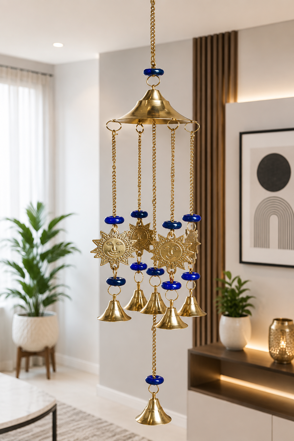 Brass Sun Wind Chime with Blue Beads