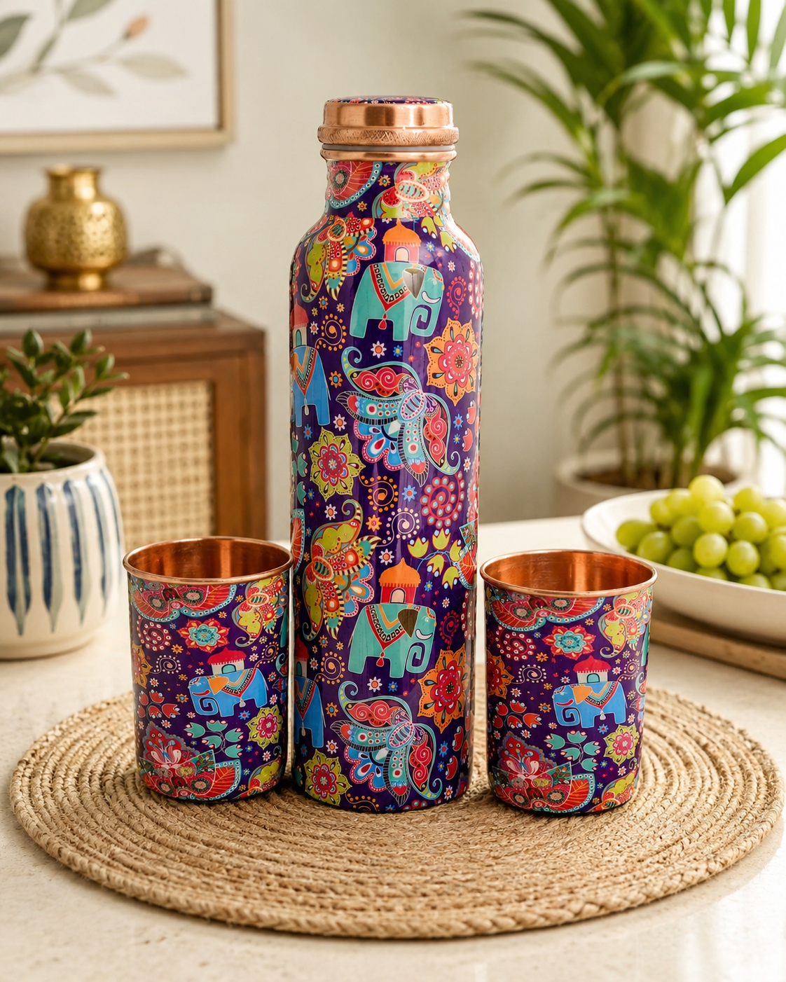 Copper Water Bottle & Tumbler Set – Traditional Engraved Drinkware