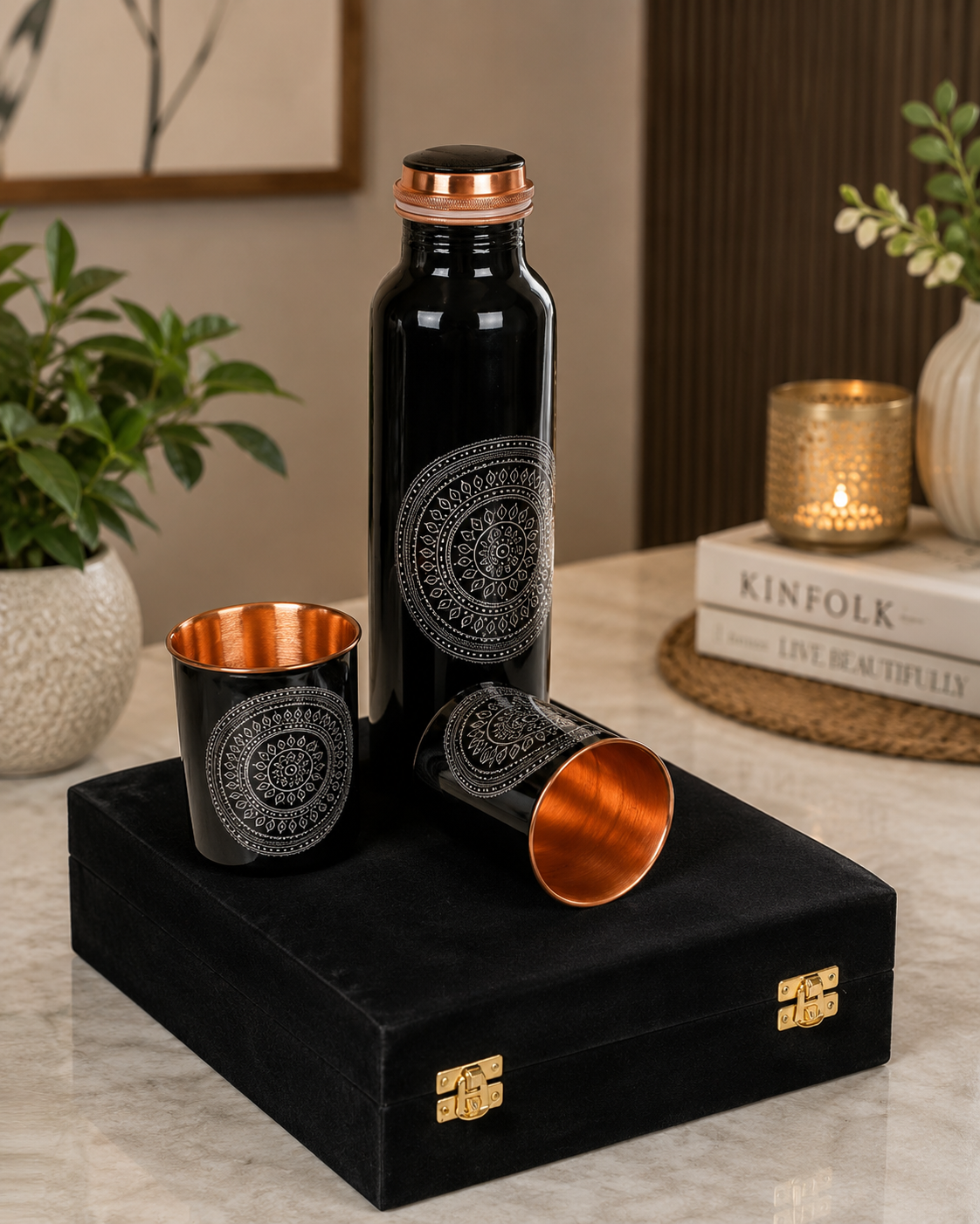 Luxury Black Copper Water Bottle Gift Set with 2 Tumblers